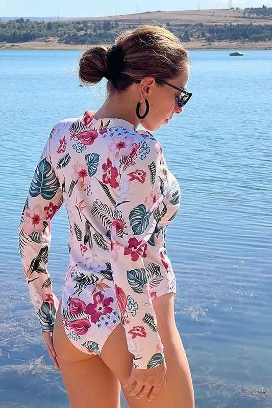 Pink Floral Zip Long Sleeve UPF50 Rash Guard for Sun Protection - Love Salve